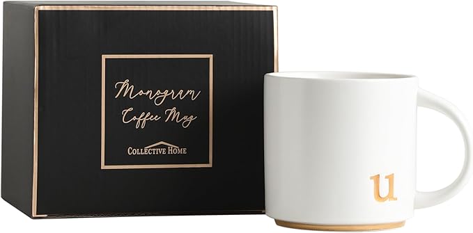 COLLECTIVE HOME - Monogram Ceramic Mugs, 15 oz Golden Initial Coffee Cups, Elegant Alphabet Tea Mugs, Elegant Personalized Mug with Gift Box, Luxurious Cups for Office and Home (u)-Ruum Studio Home
