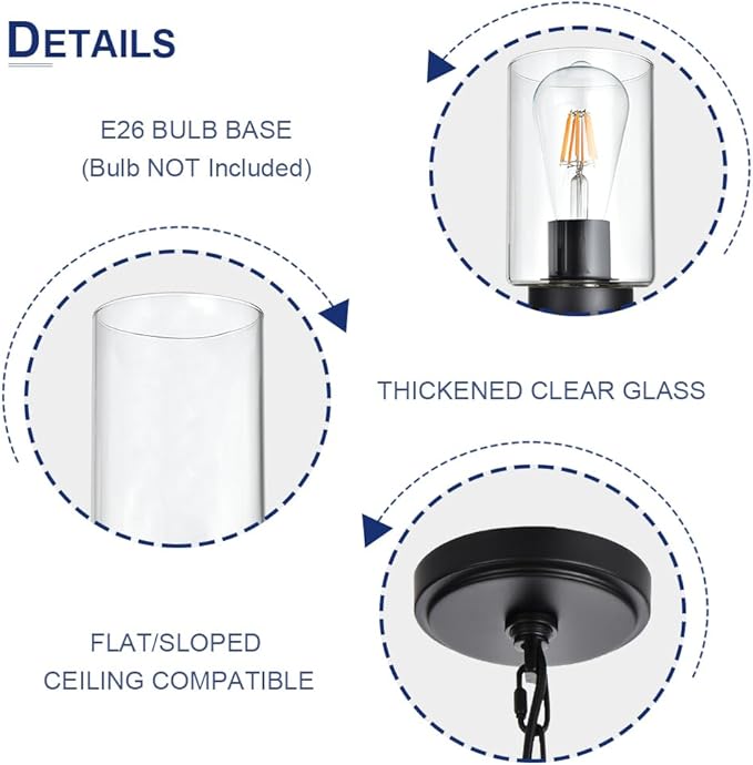 5-Lights Modern Chandelier with Clear Glass Shades, Black Farmhouse Pendant Lighting for Dining Room Kitchen Island Ceiling Light Fixture Haning Over Table-Ruum Studio Home