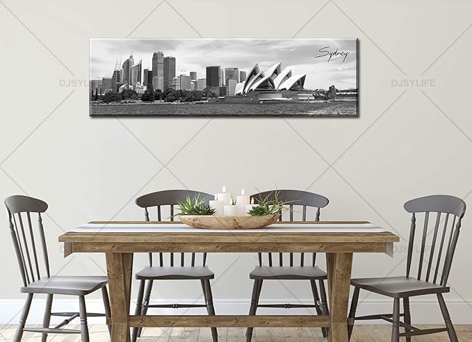 DJSYLIFE Sydney Skyline Wall Art Decor Canvas Print Black and White City Building Landscape Poster Australia Cityscape Modern Artwork Painting for Bedroom Office Home Decoration - 13.8" x 47.3"-Ruum Studio Home