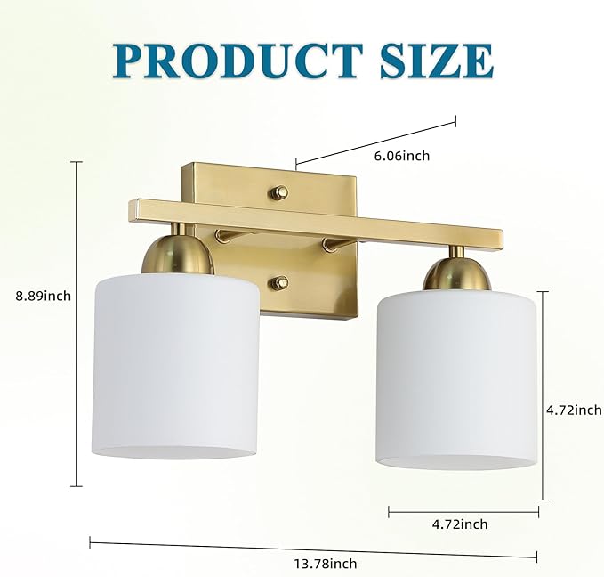 Stainless Steel Milk Glass Vanity Lights for Bathroom, 2 Light Gold Bathroom Light Fixtures Over Mirror, Ceramic E26 Sockets Wall Mounted-Ruum Studio Home