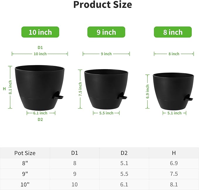 FaithLand 3-Pack Planter Pots, 10 9 8 Inch Self Watering Flower Pots for Indoor Outdoor Garden Plants, Black-Ruum Studio Home