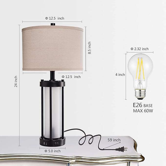 RORIA Set of 2 Modern Table Lamps for Living Room with 2 USB Ports, White Frosted Glass Nightlight for Bedroom, Contemporary Desk Lamps for Nightstand End Table Entryway, 4 Bulbs Included (Black)-Ruum Studio Home