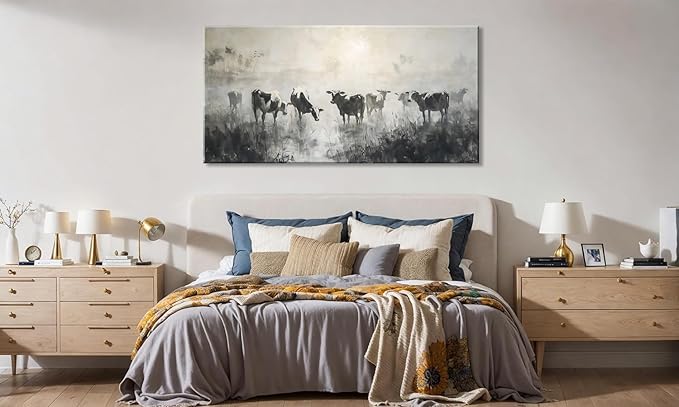 LASMOND Black and White Cow Wall Art for Living Room Ink Wash Canvas Painting Prints Morning Cattle Vintage Country Farmhouse Artwork Bedroom Office Decor (40x20 Inches)-Ruum Studio Home