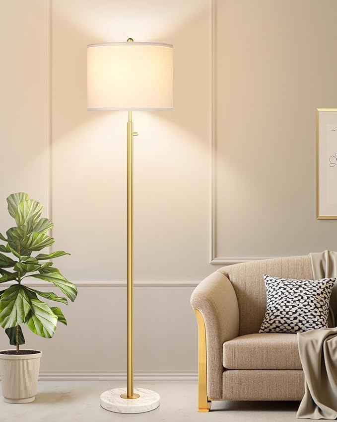 【Upgraded】Dimmable Gold Floor Lamps for Living Room, 11W LED Bulb Included, Modern Standing Lamp with Marble Base, Tall Pole Light with White Linen Shade for Bedroom Reading Office Corner Nursery-Ruum Studio Home