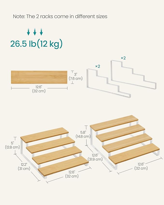 SONGMICS Display Risers, Set of 2 Engineered Wood Perfume Organizer Stand, 4-Tier Cupcake Stand Holder, Spice Rack, Shelf Risers for Figures, Dessert Shelves, Natural Beige and Cloud White UKCS216N02-Ruum Studio Home