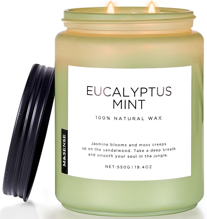 M&SENSE Eucalyptus & Mint Candles for Home Scented, 19.4oz 110 Hours Burn Soy Aromatherapy Candle Gift for Stress Relief, Meditation, Yoga, Relaxing SPA, Natural Soy Wax for Men and Women-Ruum Studio Home