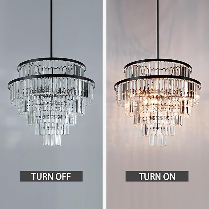 Luxury 6-Tier Round K9 Crystal Chandelier, Black Finish 26 Inch Diam Ceiling Light, Classic Elegant Chandelier with Crystal Piece, Lighting Fixture for Hallway, Bedroom, Living Room-Ruum Studio Home