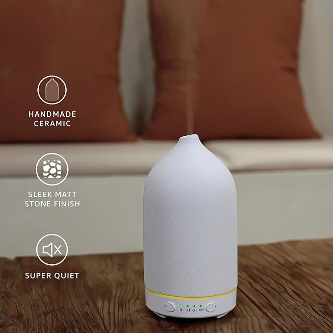 200ML Ceramic Essential Oil Diffuser - Ultrasonic Aromatherapy & Humidifier with 7-Color LED Lights, Auto Shut-Off, White, 1H/3H/6H Timer | Scent for Home,Office,Yoga-Ruum Studio Home
