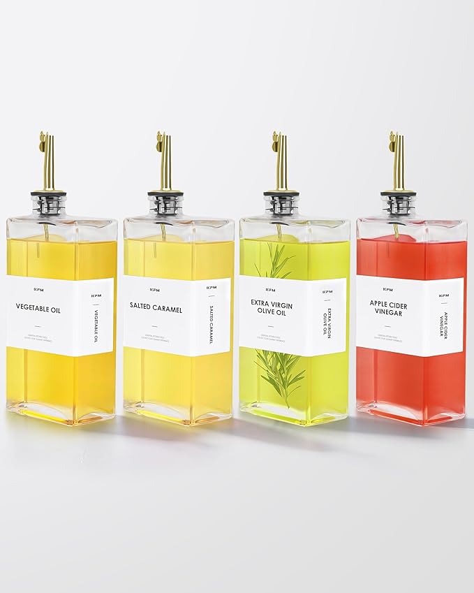 Olive Oil Dispenser For Kitchen, Glass Oil Bottle 500ML Oil And Vinegar Dispenser Set Of 4 with 4 Stainless Steel Pourers & 88 Labels, Soy Sauce Dispenser, Coffee Syrup Bottles-Ruum Studio Home