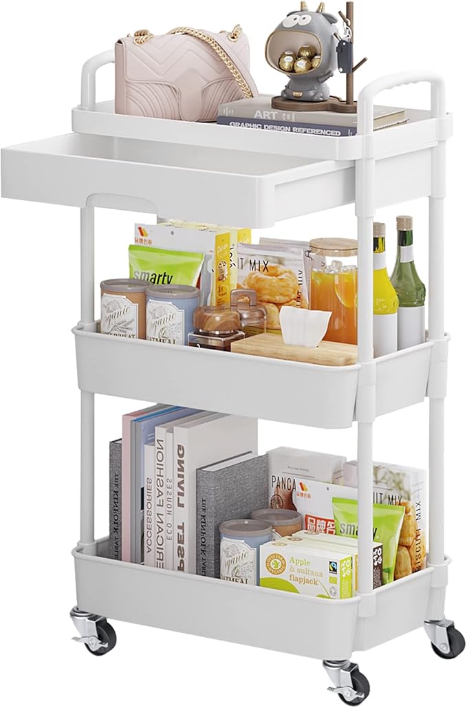 Calmootey 3-Tier Rolling Utility Cart with Drawer,Multifunctional Storage Organizer with Plastic Shelf & Metal Wheels,Storage Cart for Kitchen,Bathroom,Living Room,Office,White-Ruum Studio Home