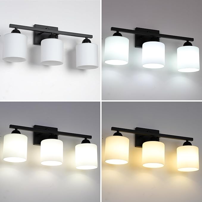 Milk Glass Vanity Lights for Bathroom, 3 Light Matte Black Bathroom Light Fixtures Over Mirror, Ceramic E26 Sockets Wall Mounted-Ruum Studio Home
