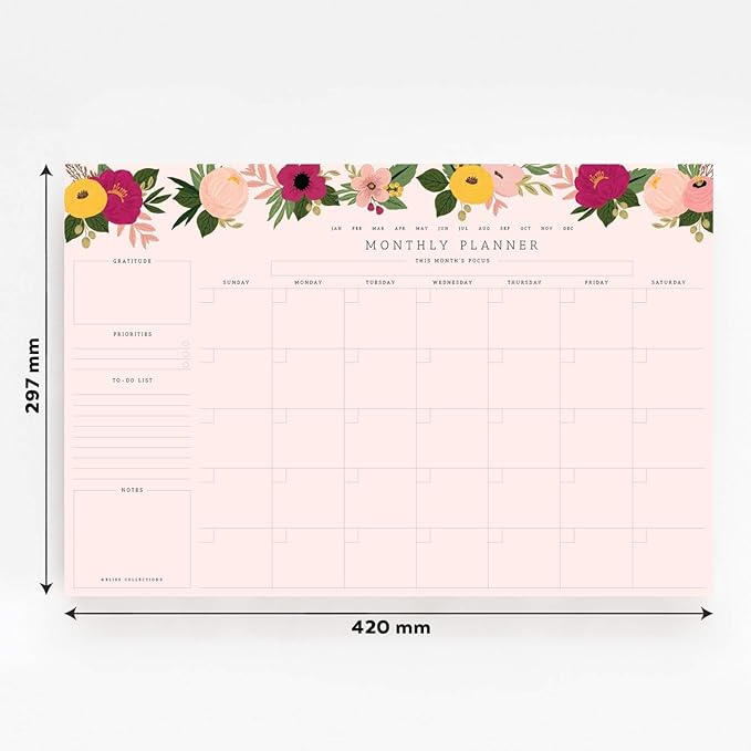 Bliss Collections Monthly Planning Pad, To Do List Notebook - Undated Tear-Off Sheets Notepad - Work Calendar, Organizer, Scheduler for Goals, Tasks - Floral (Pink), 12" x 18", 18 Sheets-Ruum Studio Home