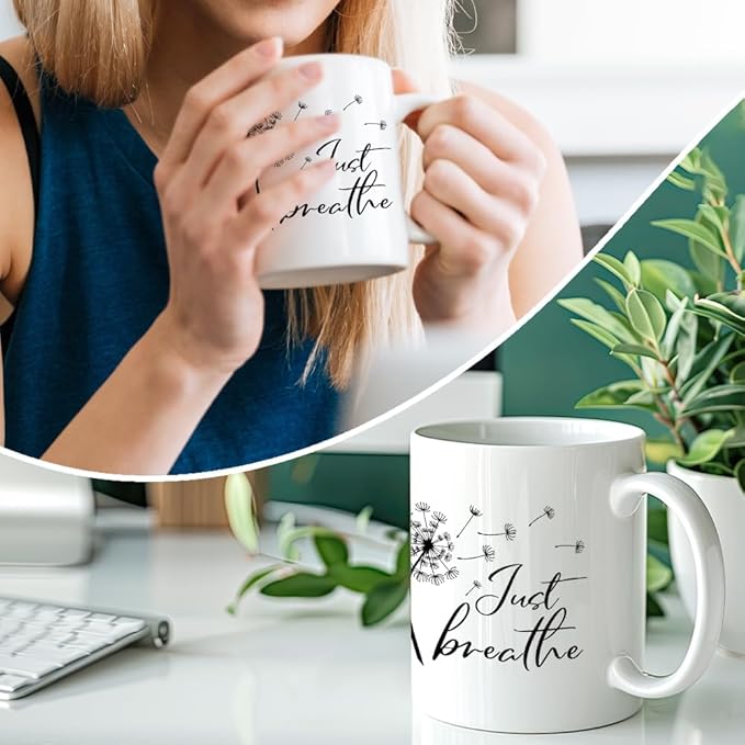 RZHV Just Breathe 11 Oz Novelty Mug, Funny Dandelion Coffee Mug for Floral Lover, Calming Gifts for Yoga Lover, Meditation Mental Health Gifts for Women-Ruum Studio Home