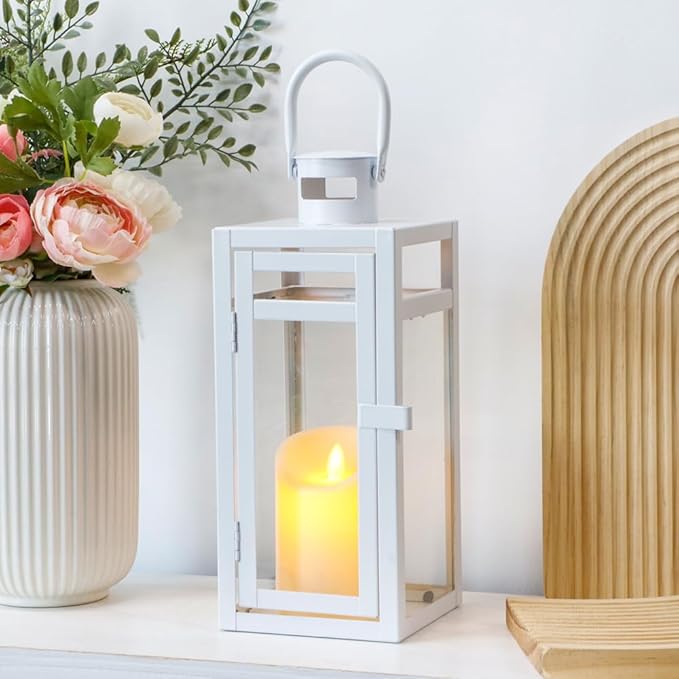 TRIROCKS Stainless Steel Decorative Lantern 12'' High Metal Candle Holder with Clear Glass Panels Perfect for Home Decor Living Room Parties Events Tabletop Indoor Outdoor (White)-Ruum Studio Home