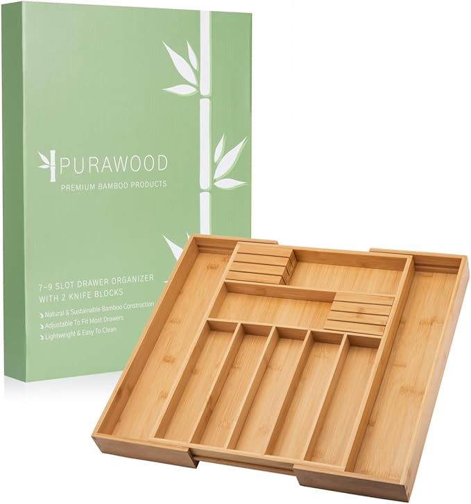 Bamboo Drawer Organizer with Knife Blocks - Silverware Organizer & Utensil Drawer Organizer, Cutlery Tray with Dividers, 7-9 Slots- Premium Kitchen Organizer for Utensils & Flatware (Natural)-Ruum Studio Home