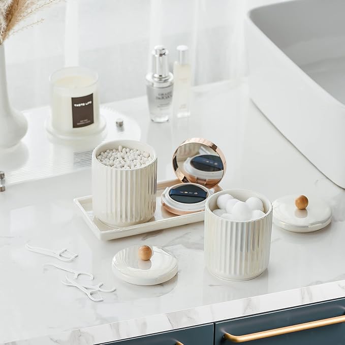 Ceramic Bathroom Canister Set with Coordinating Small Vanity Tray Qtip Holder Dispenser for Cotton Ball,Swab,Pads, Floss, Bathroom Storage Jars with Lids Pearl White-Ruum Studio Home