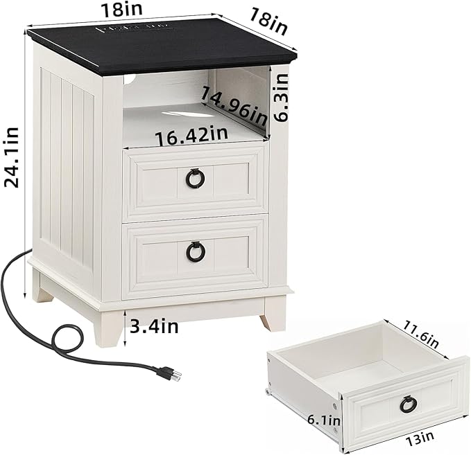 18" Farmhouse Night Stands Set of 2 with Charging Station, 2 & 3 Drawers End Table Dresser for Bedroom, White Wooden Nightstand, Bed Side Table with Open Shelf, Bedside Cabinet for Living Room-Ruum Studio Home