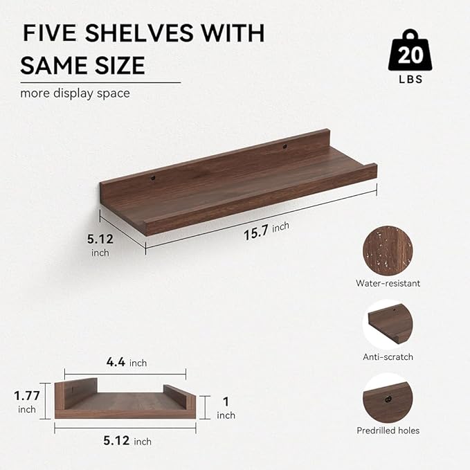 RICHER HOUSE 5 Set Floating Shelves for Wall Decor, Wall Mounted Book Shelf, Nursery Shelves Picture Ledge Shelf with Lip for Wall Storage, Bedroom, Living Room, Bathroom - Walnut-Ruum Studio Home