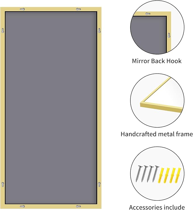 30x55In Gold Bathroom Mirror for Wall, Brushed Gold Rectangle Mirrors with Metal Frame, Bathroom Rectangular Mirror Modern Wall Mirror for Bedroom Living Room, Hangs Horizontal or Vertical-Ruum Studio Home
