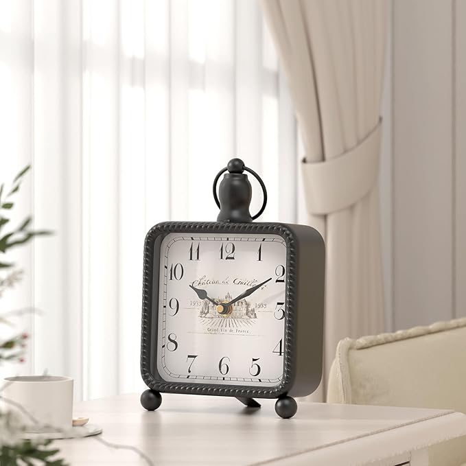 Vintage Black Table Clock on Stand, Desk and Shelf Decor Clock, French Rustic Style Non-Ticking Mantel Clocks for Farmhouse, Living Room, Bedroom, Bedside, Gift (8.5" H x 5.5" W)-Ruum Studio Home