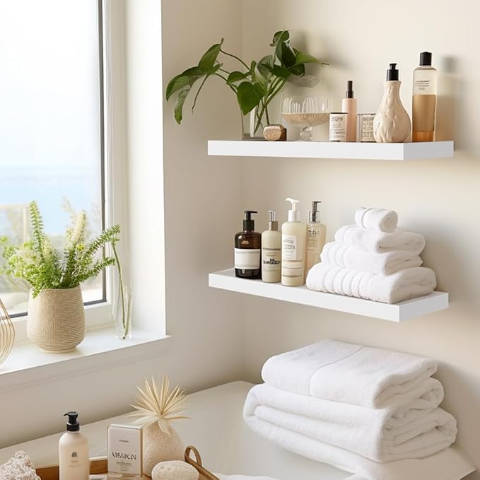 LaVie Home Floating Shelves, 15.6 Inch Wall Shelf Set of 3, Hanging Shelf with Invisible Brackets, Wall Decor for Bathroom, Bedroom, Living Room, Kitchen Storage, Modern White-Ruum Studio Home