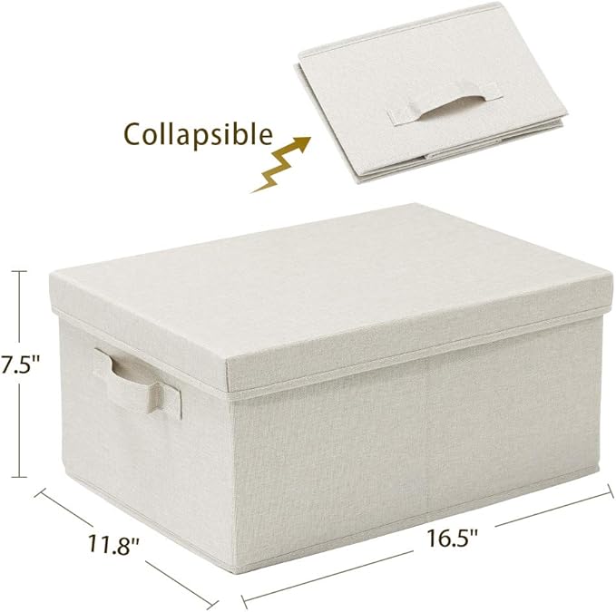 HOONEX Foldable Storage Bins with Lids, 2 Pack, Storage Boxes with Carrying Handles and Sturdy Heavy Cardboard, 16.5" L x 11.8" W x 7.5" H for Shoes, Books, Clothes, Linens, Beige-Ruum Studio Home