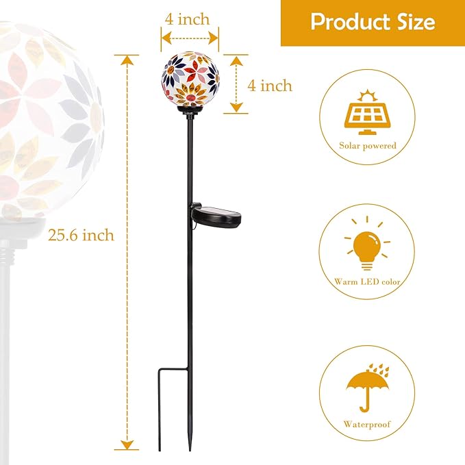 Afirst Solar Lights Outdoor Decorative - Solar Gazing Ball Mosaic Garden Stakes Flower Decorative Lights Waterproof for Pathway Yard Lawn Decoration Orange-Ruum Studio Home