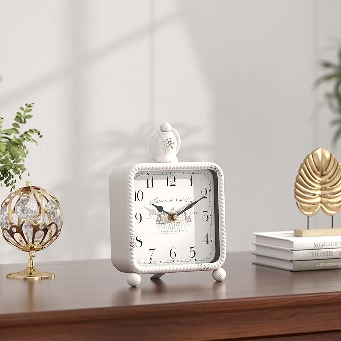Vintage White Table Clock on Stand, Desk and Shelf Decor Clock, French Rustic Style Non-Ticking Mantel Clocks for Farmhouse, Living Room, Bedroom, Bedside, Gift (8.5" H x 5.5" W)-Ruum Studio Home