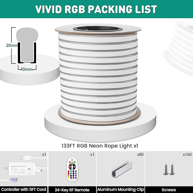 GZBtech RGB LED Neon Rope Lights 133FT/40M, AC 110-120V Waterproof Color Changing LED Rope with Remote Controller, Dimmable Multi Color Neon Rope Lighting for Indoor Outdoor Commercial Use-Ruum Studio Home