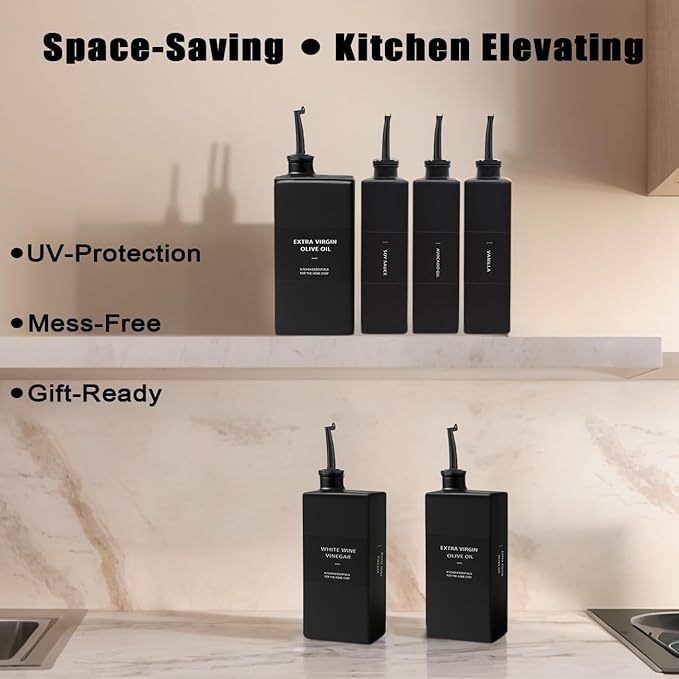 Olive Oil Dispenser Bottle for Kitchen 16.9oz, Glass Oil Bottles and Vinegar Dispenser Set, Decorative Avocado Oil Dispenser Set (Black, Set of 2)-Ruum Studio Home