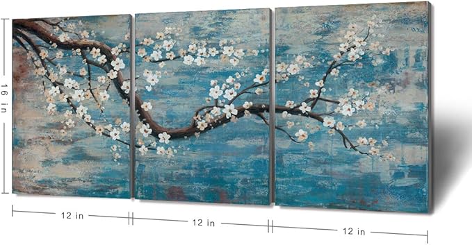 3 Piece Wall Art Hand-Painted Framed Flower Oil Painting On Canvas Gallery Wrapped Modern Floral Artwork for Living Room Bedroom Décor Teal Blue Lake Ready to Hang 12"x16"x3 panel-Ruum Studio Home