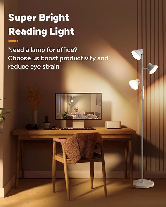 LED Tree Floor Lamp Silver, 36W Super Bright Standing Lamp with Remote Control, 4 Color Temperatures, 3 Rotatable LED Lights, Dimmable Floor Lamps for Living Room, Bedroom, Office-Ruum Studio Home