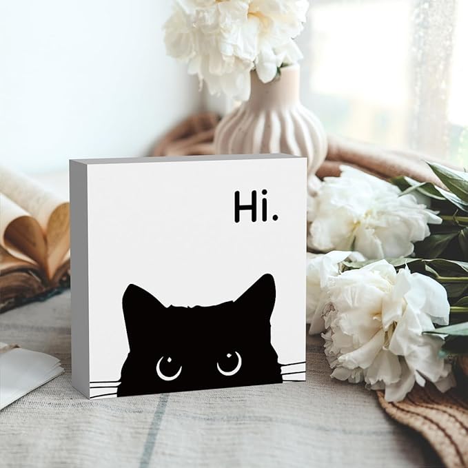 Black Cat Desk Decor, Office Decorations for Work, Cat Lover Gifts for Women, Cat Gifts for Girls, Cat Lover Gifts, Wooden Box Decor Sign for Home Farmhouse Living Room Bedroom Bathroom Classroom Gym-Ruum Studio Home