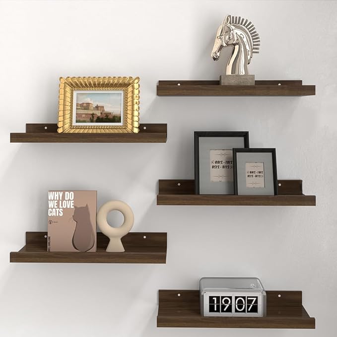 RICHER HOUSE 5 Set Floating Shelves for Wall Decor, Wall Mounted Book Shelf, Nursery Shelves Picture Ledge Shelf with Lip for Wall Storage, Bedroom, Living Room, Bathroom - Walnut-Ruum Studio Home