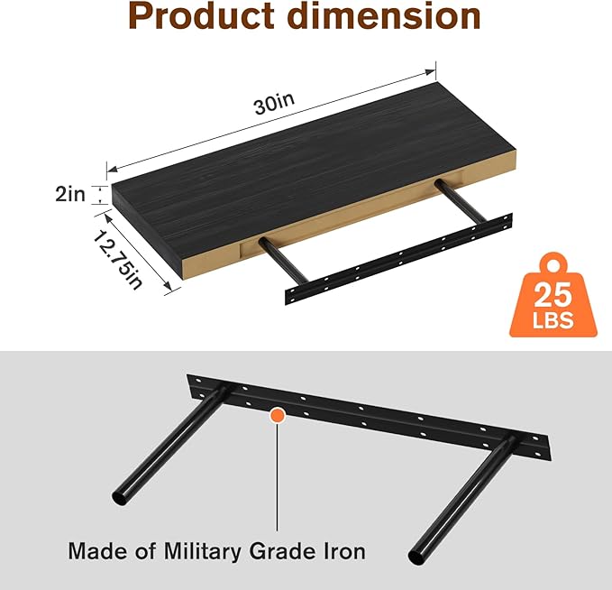 Large Floating Shelves for Wall Set of 1 Wooden Wall Shelves 30 in x 12.75 in x 2 in Room Decor Long Shelf with Invisible Wall Mount Bracket for Bedroom Kitchen Living Room Black Wood-Ruum Studio Home