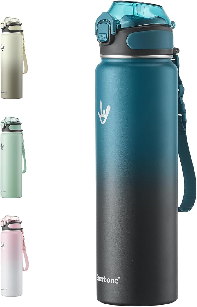 Enerbone 32 oz Insulated Water Bottle, Stainless Steel Bottle with Carrying Strap, Double-Wall Vacuum Insulation Design, Leakproof Sports Bottle with Straw, Keep Drinks Cold or Hot for Hours-Ruum Studio Home