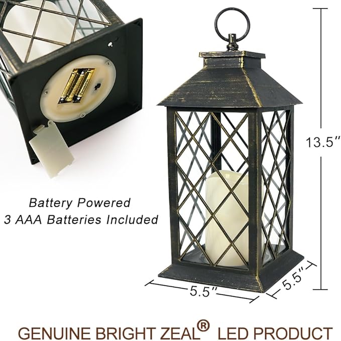 Bright Zeal 2-Pack 13.5" Vintage Candle Lantern with LED Candle (Distressed Gold, 6hr Timer) - IP44 Waterproof Outdoor Hanging Lanterns Battery Powered - Tabletop Lantern Decorative Home Lanterns-Ruum Studio Home