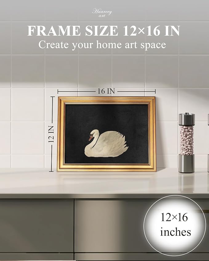 HUARCEY Gold Framed Vintage Wall Art for Living Room, Grace Swan Art Painting Pictures Rustic Animal Bathroom Prints Farmhouse Wall Decor Canvas Swan Shelf Decor for Kitchen Bedroom (Zwaan 12"x16")-Ruum Studio Home