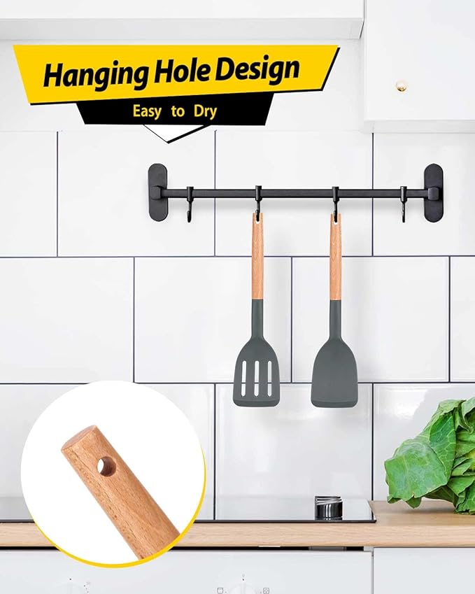 Pack of 2 Silicone Cooking Spatula, Heat Resistant Solid Turner, Non Stick Slotted Spatulas with Wooden Short Handle,Ideal Wood Kitchen Utensils Set for Frying, Baking, Flipping, Turning-Ruum Studio Home