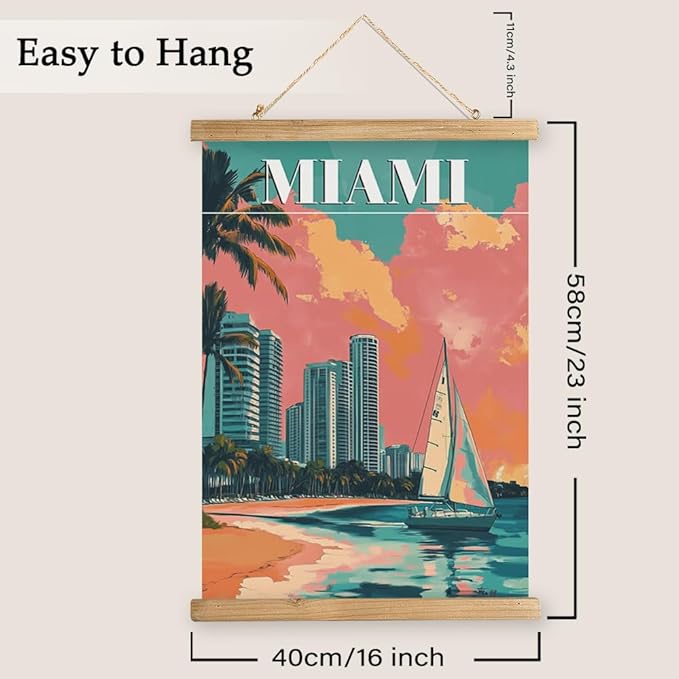 WREVERW Vintage Miami Poster Canvas Print with Wooden Hanger Frame, Featuring Palm Trees, High-Rise Buildings, and Sailboats, Wall Art for Home and Office Decor, 16x23 inches-Ruum Studio Home