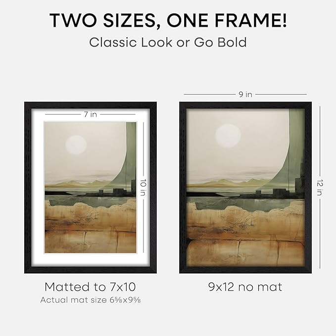 Homeforia 9x12 Black Wood Picture Frame, High End Oak 9 x 12 Frames with Mat 7 by 10 Art, 9by12 Black Wooden Frame Matted to 7x10 inch Photo, Wall or Tabletop Frame, Tempered Glass, Wall Kit, Set of 1-Ruum Studio Home
