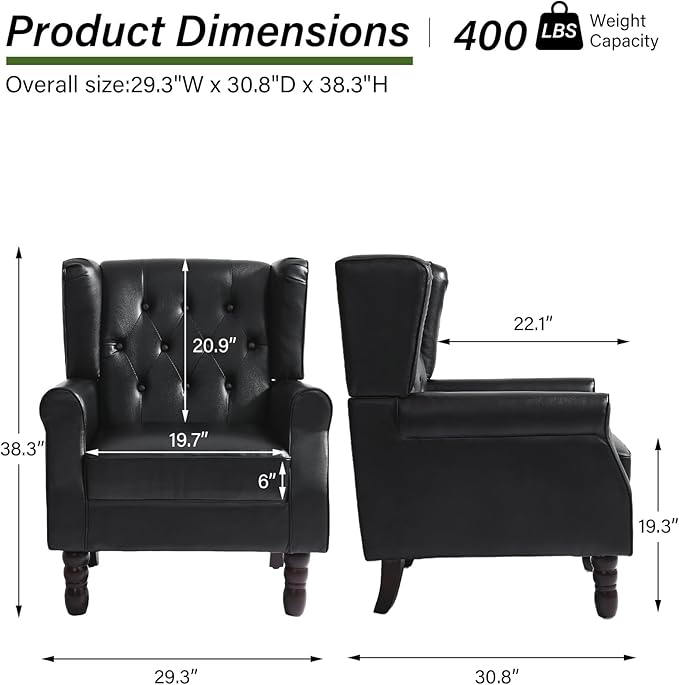 Accent Chair, Upholstered Armchair with Button Tufted High Back & Solid Wood Legs, Comfy Wingback Reading Single Sofa Chair for Small Spaces, Living Room, Bedroom (Leather Black, Set of 1)-Ruum Studio Home