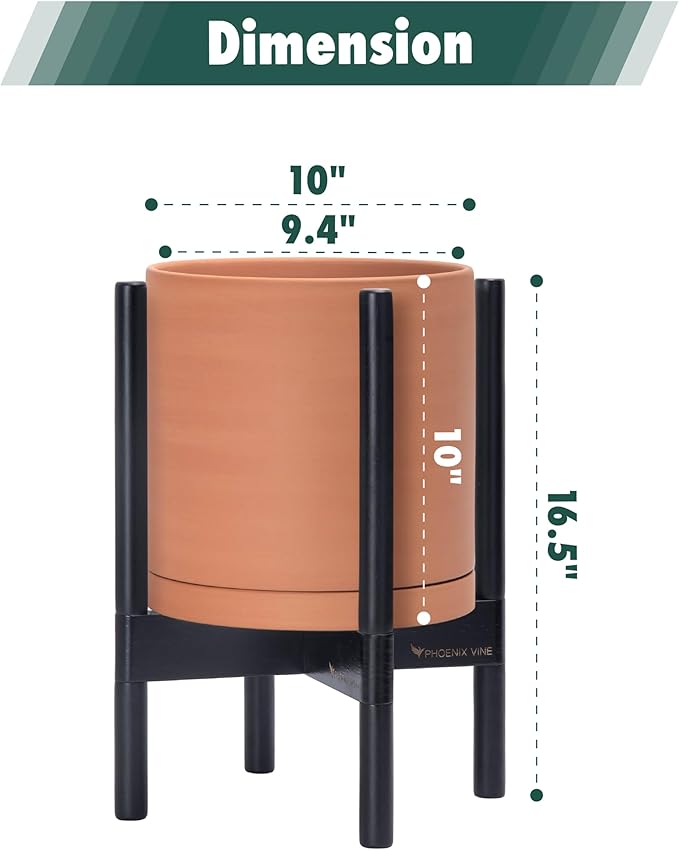 D'vine Dev Terracotta Planter with Ebony Stand - 10 Inch Modern Round Flower Pot with Wood Planter Holder, Terracotta, 55-B-L-5-Ruum Studio Home