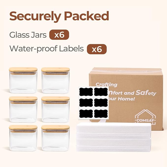 ComSaf 0.7 Qt Rectangle Glass Storage Containers with Lids, Glass Jars with Bamboo Lids, Clear Food Jar, Sugar Coffee Containers, Small Pantry Storage Container for Tea Candy Nuts Spices Oat-Ruum Studio Home