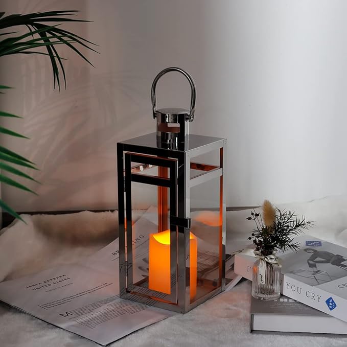 TRIROCKS Stainless Steel Decorative Lantern 12'' High Metal Hanging Lantern with Clear Glass Panels Perfect for Home Decor Living Room Parties Events Tabletop Indoors Outdoors (Silver)-Ruum Studio Home