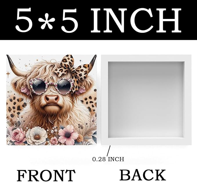 Highland Cow Decor, Highland Cow Gifts for women, Cow With Leopard Bow, Highland Cow Nursery Decor, Wooden Box Decor Sign for Home Farmhouse Office Living Room Table Shelf-Ruum Studio Home