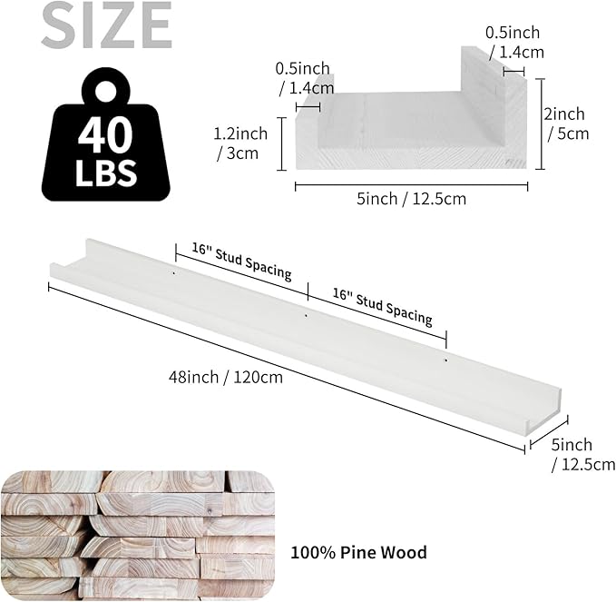 SAUMONIERES Picture Ledge Shelf Floating Book Shelves Set of 2 Wall Mounted Solid Wood for Bedroom Bathroom Living Room Kitchen, 48 Inch White-Ruum Studio Home