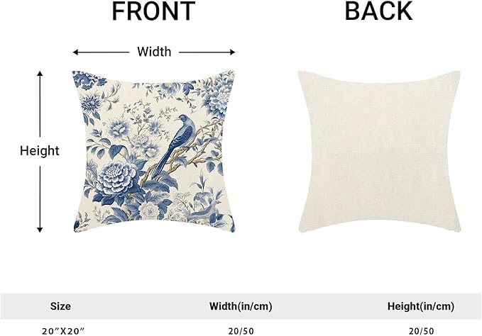 CXMEIFLY Spring Floral Pillow Covers 20 x 20 Inch Set of 2 for Chinoiserie Flowers Bird Decor Throw Pillows Vintage Blue and White Plant Outdoor Decorative Cushion Cases for Couch Bed Decorations-Ruum Studio Home