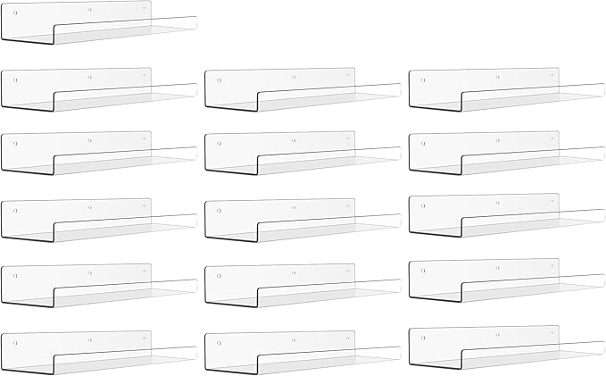 upsimples 16 Pack Acrylic Shelves for Wall Storage, 15" Floating Bookshelves for Kids, Display Shelf Organizer for Bathroom, Bedroom, Living Room, Kitchen, Room Decor, Clear-Ruum Studio Home