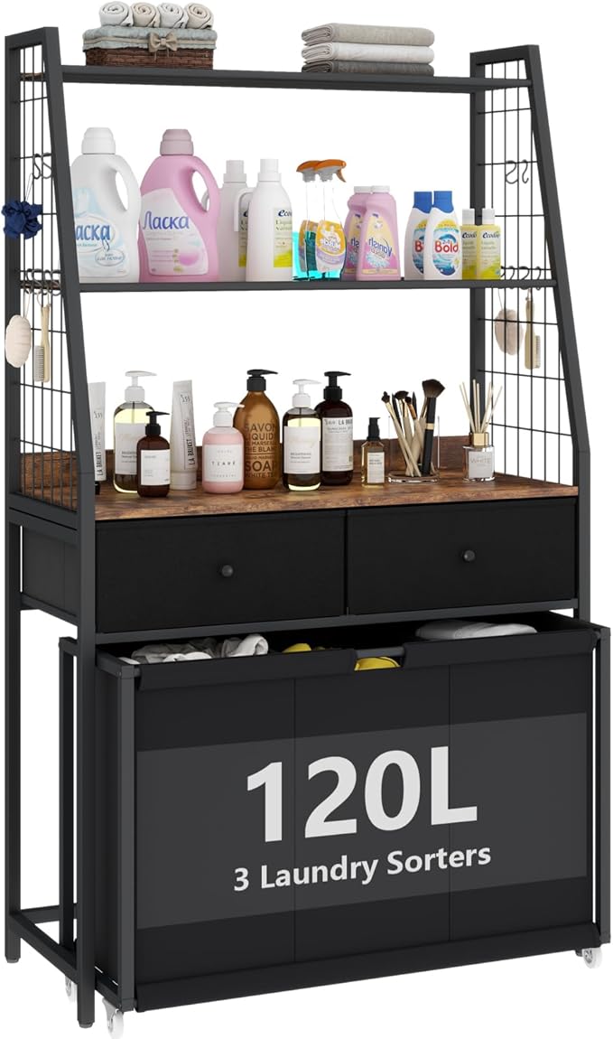 Laundry Hamper Laundry Basket with 3 Section Pull-Out Rolling Bags & 2-Tier Storage Shelf, Laundry Sorter for Organization and Storage with 2 Drawers for Laundry Room, Bathroom-Ruum Studio Home